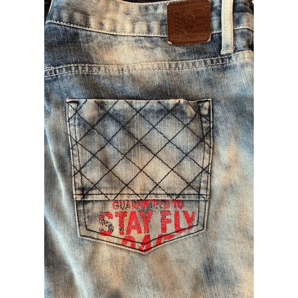 BORN‎ FLY Jeans size 38 X 31 metal button fly, Blue Denim, Patches, Distressed - Picture 1 of 12